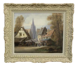 Paul Devillers, Market Scene in Rouen, 1920s, Oil on Canvas, Framed