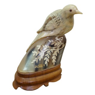 Mid 20th Century Justa Carved Buffalo Horn Bird Figurine on Wood Base MCM Sculpture For Sale