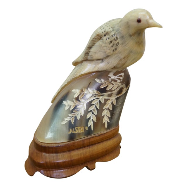Mid 20th Century Justa Carved Buffalo Horn Bird Figurine on Wood Base MCM Sculpture For Sale
