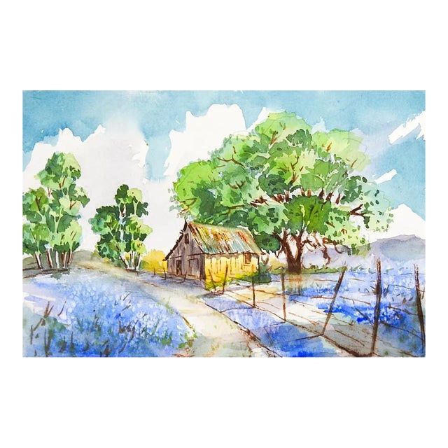 Contemporary Farmhouse and Bluebonnet Landscape Watercolor Painting For Sale