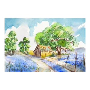 Contemporary Farmhouse and Bluebonnet Landscape Watercolor Painting