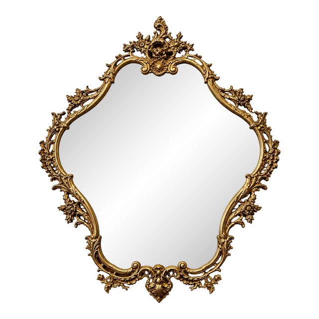 French Rococo-Inspired Gilded Wall Mirror – Ornate Gold Leaf Frame With Floral Details For Sale