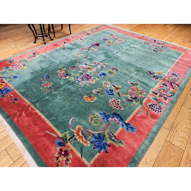Vintage Chinese Art Deco Hand-Knotted Wool Rug, Floral Design, 1920s, 9' x 12' For Sale In Chicago - Image 6 of 15