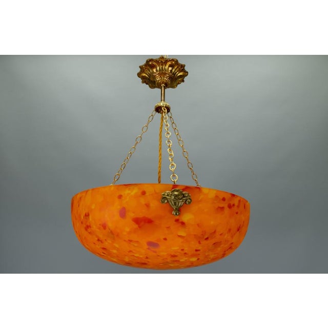 French Art Deco Mottled Orange Glass & Brass Pendant Light, 1930s For Sale - Image 18 of 18