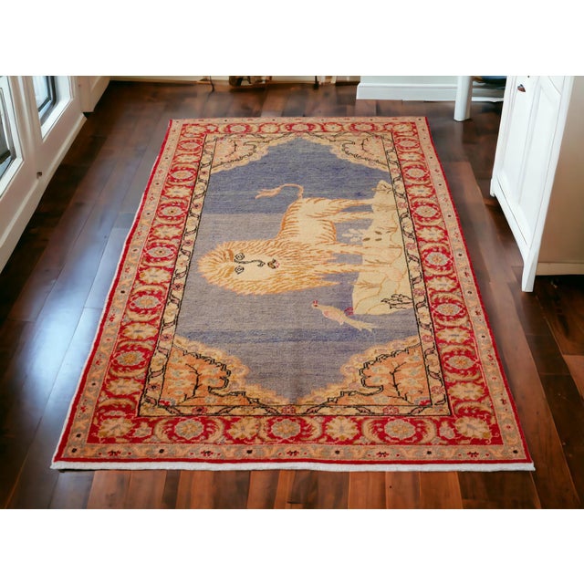 1970s Vintage Turkish Rug Lion Pattern Hand Knotted Low Pile Wool Wall & Area Rug - 4'3" X 6'1" For Sale - Image 4 of 14