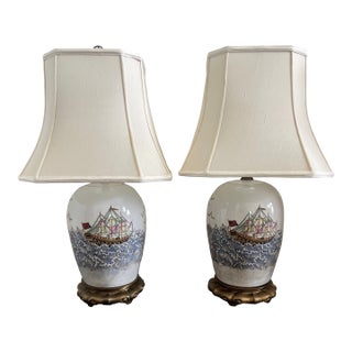Rare Vintage Maitland-Smith Hong Kong Porcelain Nautical Lamps With Original Shades – 30” - a Pair For Sale