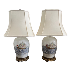 Rare Vintage Maitland-Smith Hong Kong Porcelain Nautical Lamps With Original Shades – 30” - a Pair