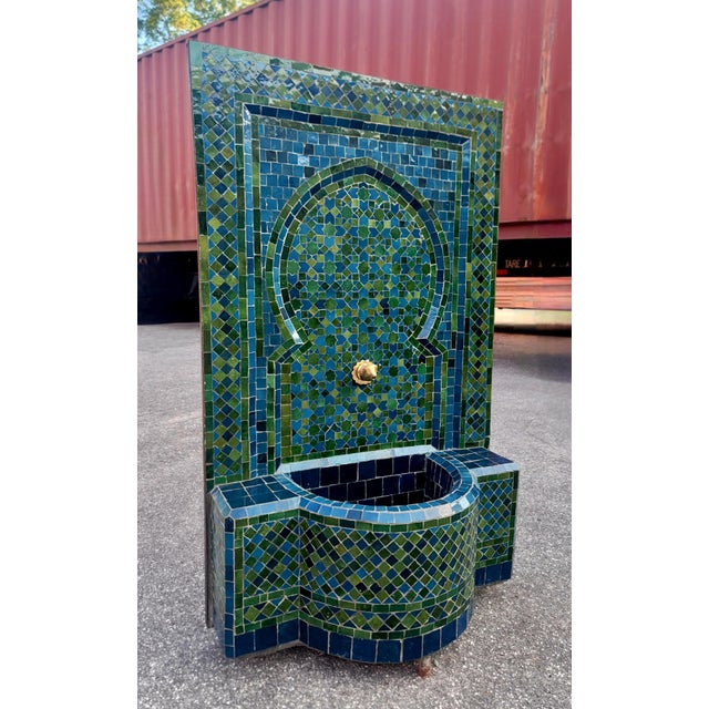 Large 2 Color Tamegroute Green and Petrol Blue Moroccan Mosaic Tile Fountain For Sale - Image 9 of 9