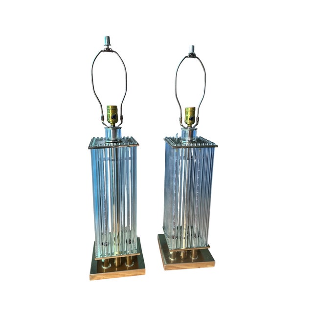 Pair of geatano acoplarí brass and glass rod table lamps