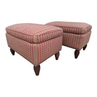 Vintage English Style Upholstered Ottomans With Spiral Turned Legs by O. Henry House, a Pair For Sale