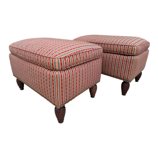 Vintage English Style Upholstered Ottomans With Spiral Turned Legs by O. Henry House, a Pair For Sale