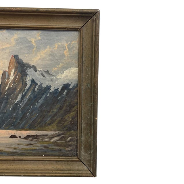 1930s Vintage Signed K. Fjeilberg Mountain Landscape Painting With Sailboats in Gilt Wood Frame Possibly 1930s Norway. For Sale - Image 5 of 10