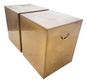 Vintage Sarreid Brass Large Nail Head Side Handles Cube Side Tables- A Pair