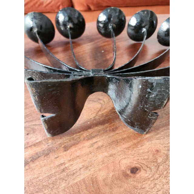 Mid Century Wrought Iron Candelabra | 9 Arm Black Iron Candle Holder | Modernist Brutalist Style | 23.5” Centerpiece Sculpture For Sale - Image 9 of 11