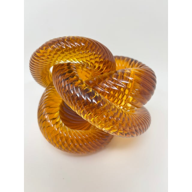 Signed Amber & Cognac Art Glass Infinity Knot Sculpture, Serpentine Texture For Sale - Image 15 of 17