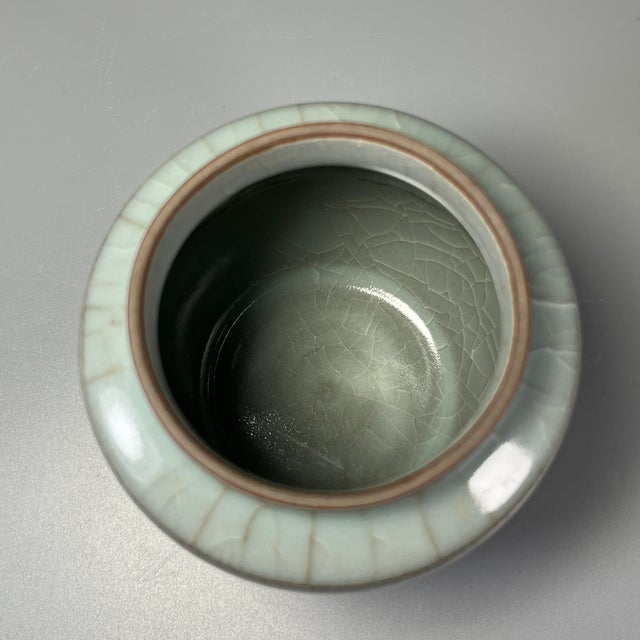 Chinese Vintage Chinese Longquan Celadon Crackle‑Glaze Lidded Jar With Animal‑Shaped Finial For Sale - Image 3 of 7