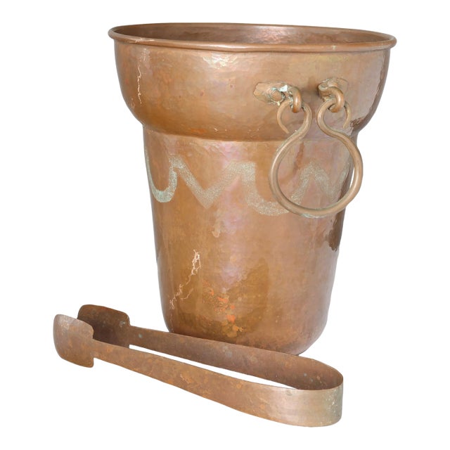 Hamered Copper Ice Bucket w/ Tongs For Sale