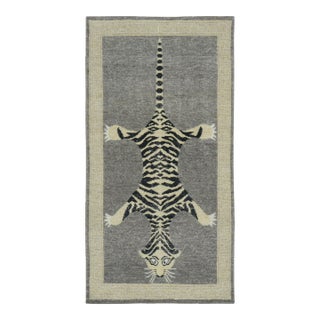 Rug & Kilim’s Distressed Tiger Runner Rug in Gray With Beige and Black Pictorial For Sale