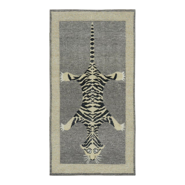 Rug & Kilim’s Distressed Tiger Runner Rug in Gray With Beige and Black Pictorial For Sale