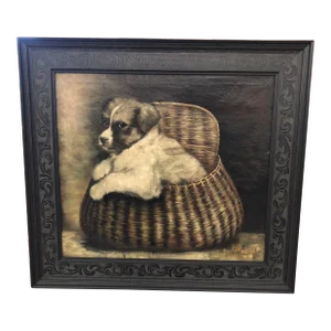 Original Antique Painting of Puppy in a Basket