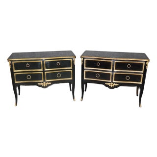 Pair Vintage Ebonized and Gilt Louis XV Style Brass Mounted Commodes by Bodart For Sale