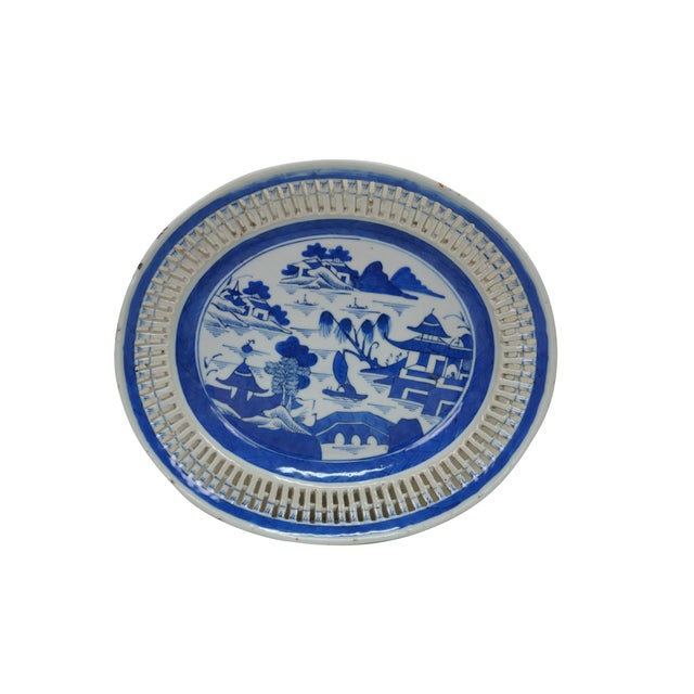 Antique 19th century Qing Dynasty Chinese Canton export blue and white porcelain serving pieces. Includes one shallow bowl...