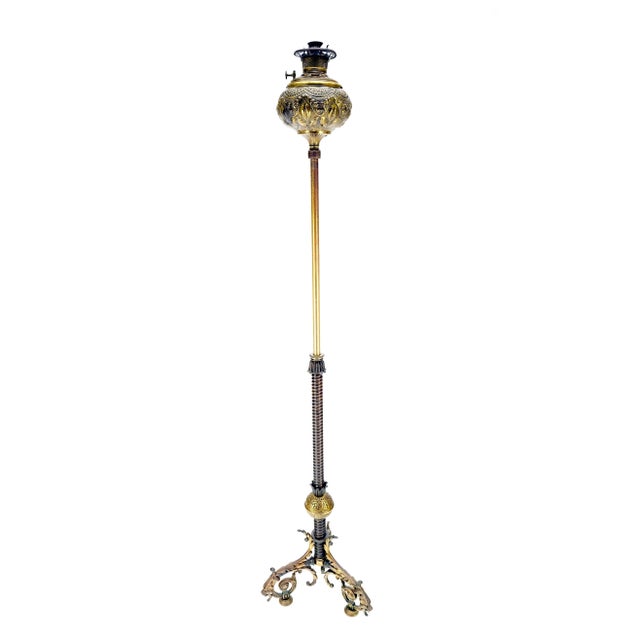 19h Century Cast Polished Brass Tripod Base Adjustable Height Oil Flor Lamp MINT For Sale - Image 14 of 17