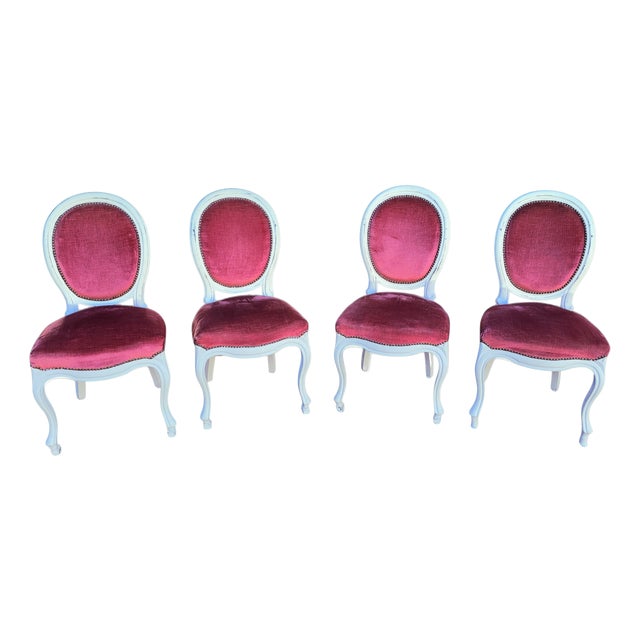 Antique French Louis XVI Style Château Chairs in Pink Velvet, 1890s, Set of 4 For Sale