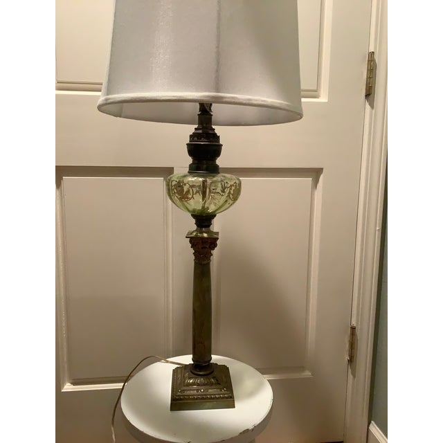 Green Marble and Glass Table Lamp Vintage mid-century design from the 1950s. The lamp has bright green bubbled glass with...