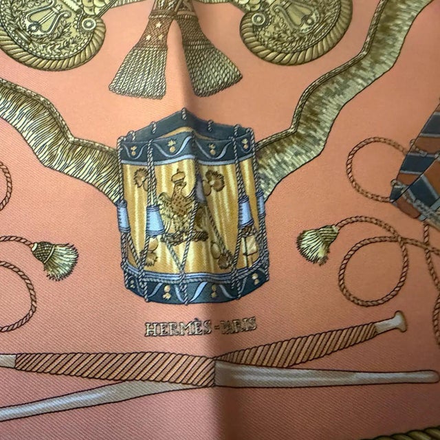 Textile 20th Century Classic Orange Silk Carrè Scarf "Les Tambours" by Hermes For Sale - Image 7 of 13