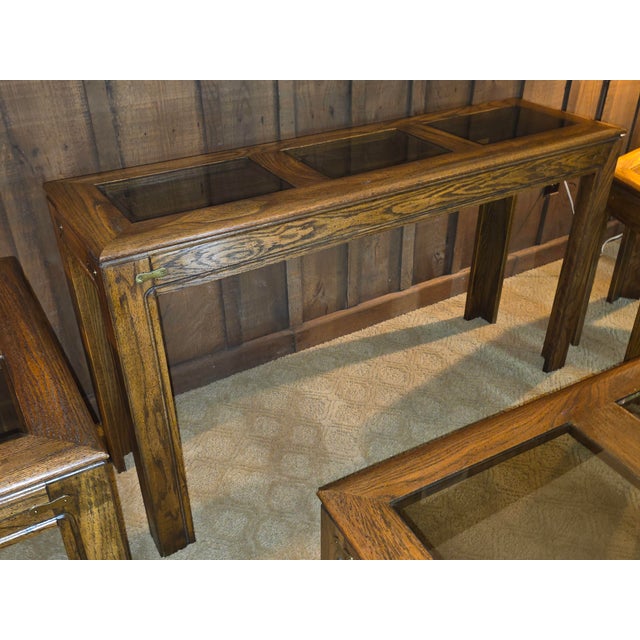 Modern Vintage .....solid oak living room table set with smoked glass 38''x38'' coffee table 24''x24'' end table 24''...