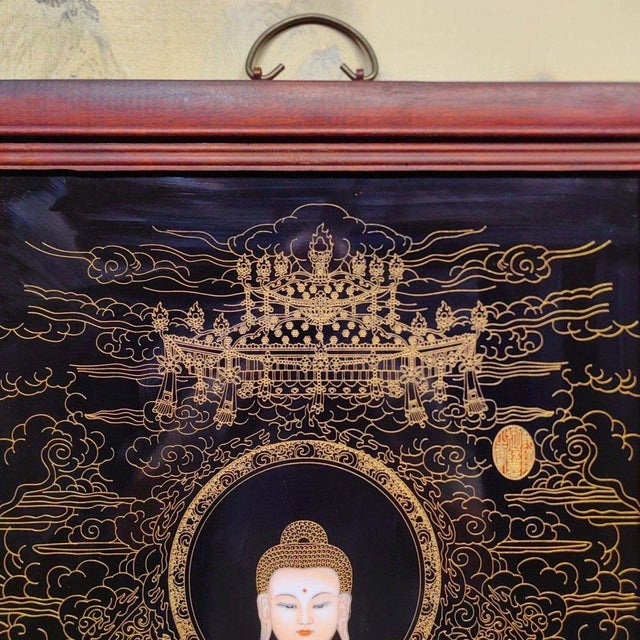 Late 20th Century Late 20th Century Large Cloisonné-Style Porcelain Thangka Plaque of Shakyamuni Buddha in Wood Frame For Sale - Image 5 of 9