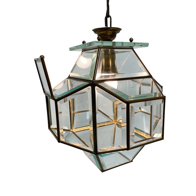 Mid-Century Modern Large Italian Lantern in Brass & Cut Glass, 1950s For Sale - Image 3 of 17