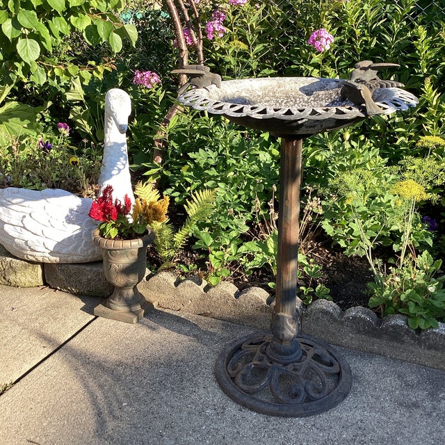 Vintage Bird Bath Aluminum With Iron Filigree Base and Perching Bird Sculpture For Sale In Chicago - Image 6 of 12