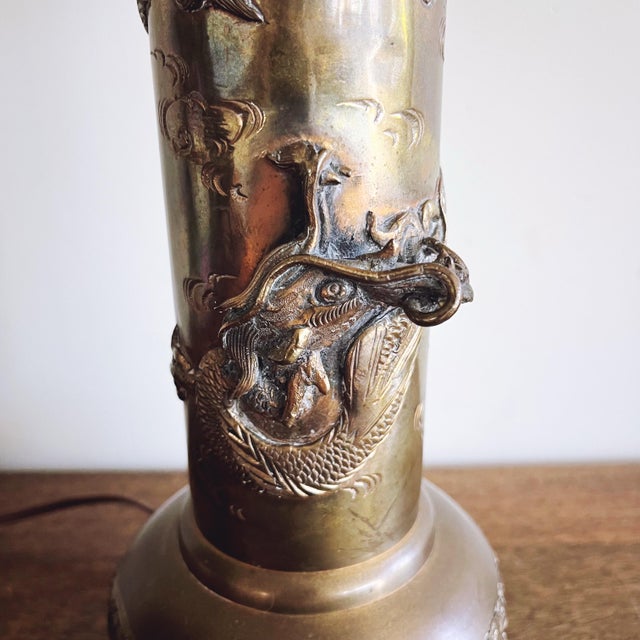 Asian Antique Vintage Hong Kong Ornate Brass Dragon Lamp For Sale - Image 3 of 8