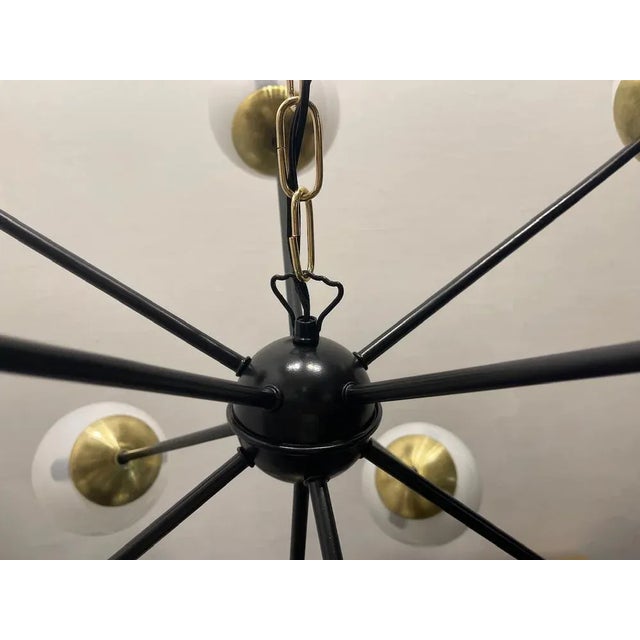 Large Black Metal, Brass & Opaline Glass Sputnik Chandelier, 1990s For Sale - Image 9 of 11