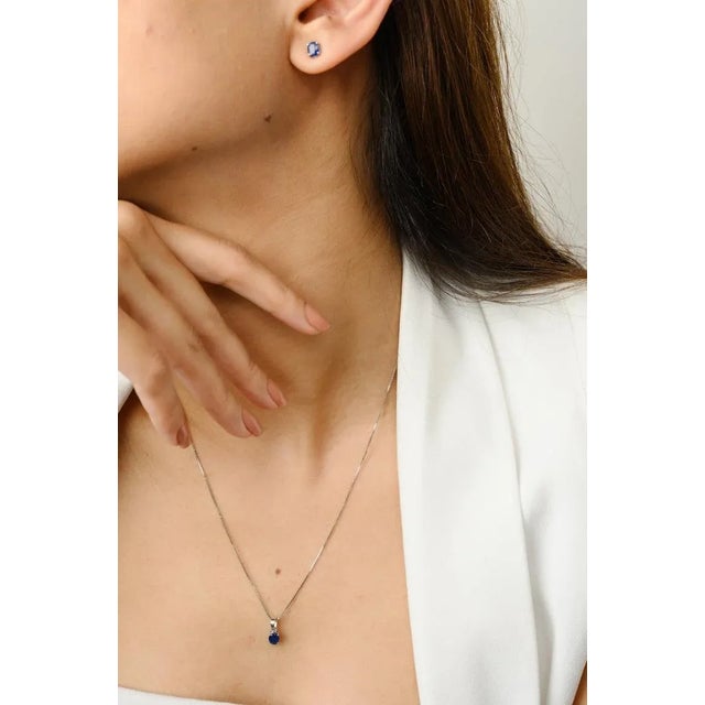 18k White Gold Oval Cut Sapphire Jewelry Set Ring Size 7 & Earrings - 3 Pieces For Sale In New York - Image 6 of 15