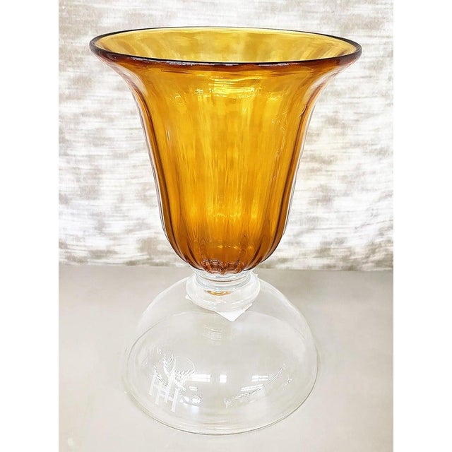 Murano Amber and Clear Glass Vase or Candleholder Acquired at Luxury Living Offered for sale in a Murano amber and clear...