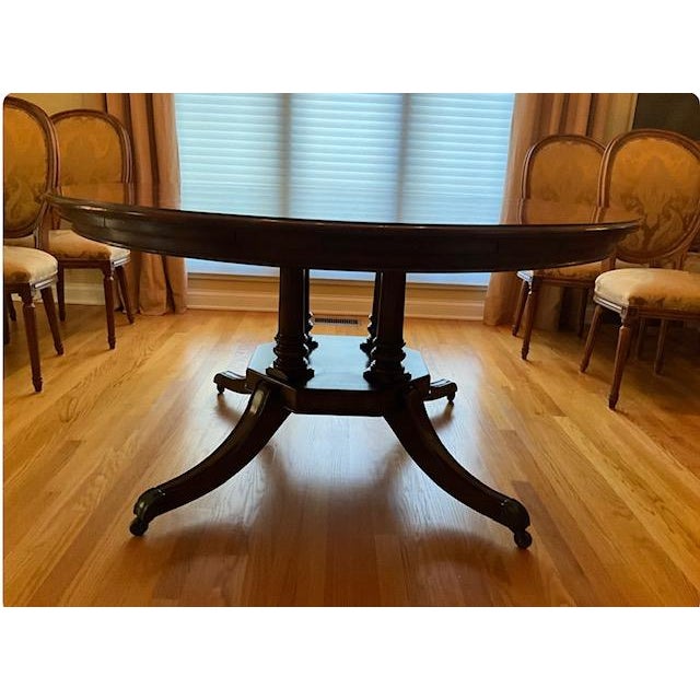 1990s Attributed to Theodore Alexander Large Round Mahogany Dining Extension Table For Sale - Image 11 of 12