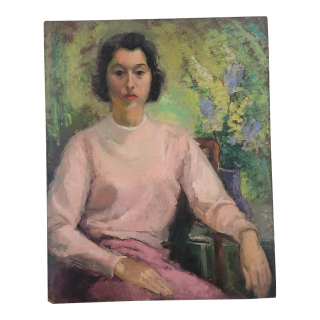 20th Century 'Modern Woman' Large Oil Portrait Painting Unknown Artist For Sale