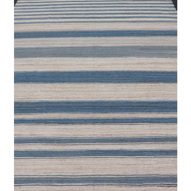 Measures: 8'8 x 12. Flat-Weave Kilim Blue Rug by Keivan Woven Arts, Striped Design 8'8 x 12'0 Keivan Woven Arts / rug...
