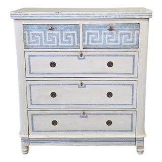 Antique English Pine Painted Dresser Chest of Drawers With Greek Key Motif For Sale
