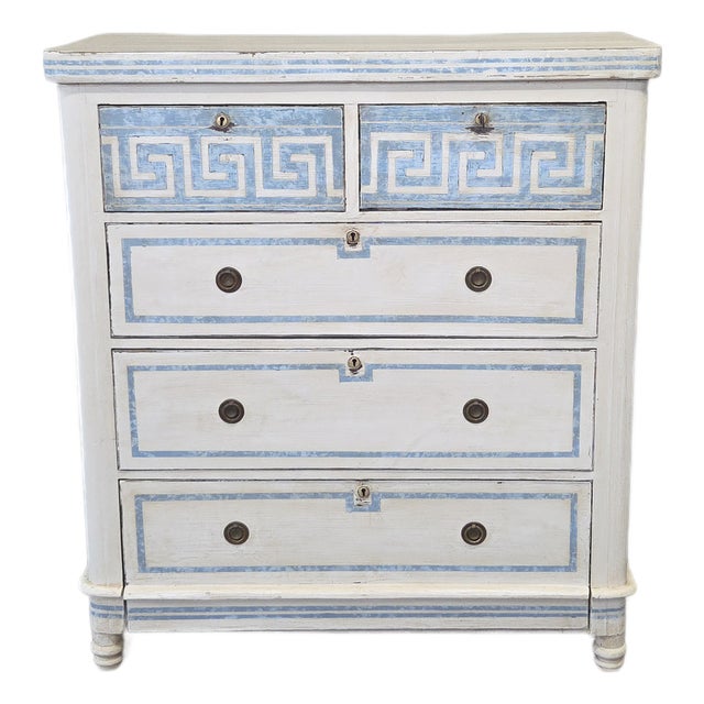 Antique English Pine Painted Dresser Chest of Drawers With Greek Key Motif For Sale