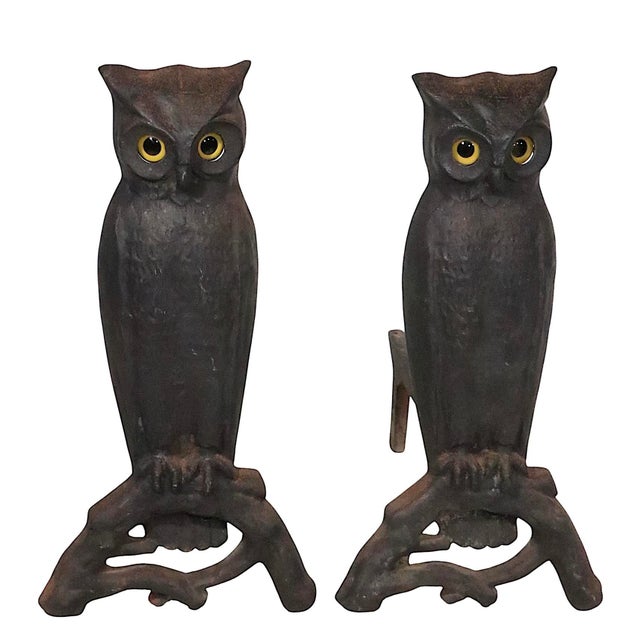 Victorian Large Pair of Vintage Arts and Crafts Rustic Victorian Owl Andirons With Glass Eyes For Sale - Image 3 of 14