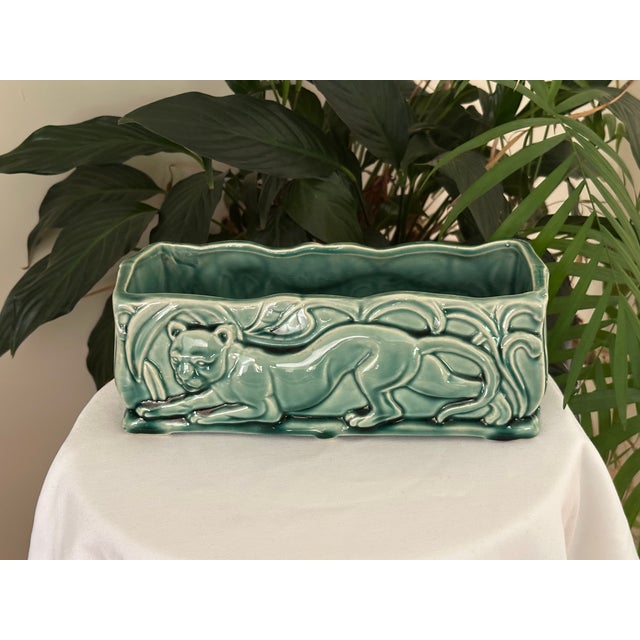 1950s Vintage Green Panther Planter Rectangular Ceramic Console Bowl Mid Century Art Pottery For Sale - Image 5 of 8