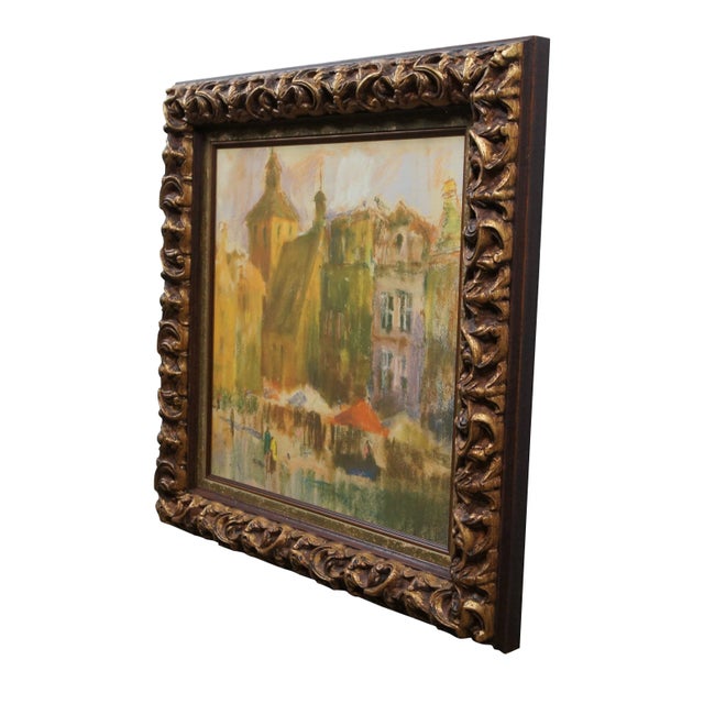 Late 20th century print on board of "Town Market" by Czeslaw Galuzny - depicting a impressionist pastel painting of a city...