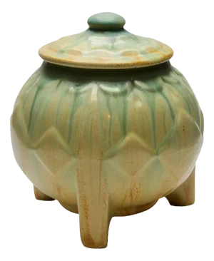 Art Deco Lidded Pot on Three Rectangular Feet with Drip Glazes