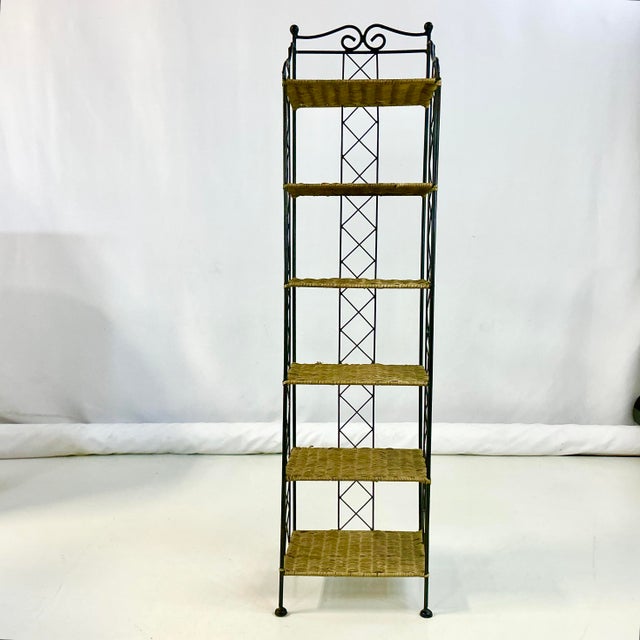 Mid-Century Boho Chic Arts & Crafts Metal and Wicker Slim Bookcase, 6 Tier For Sale - Image 4 of 18