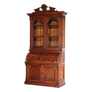 Renaissance Revival Carved Walnut & Burl Barrel Roll Top Secretary C1890 For Sale