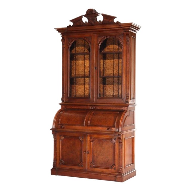 Renaissance Revival Carved Walnut & Burl Barrel Roll Top Secretary C1890 For Sale